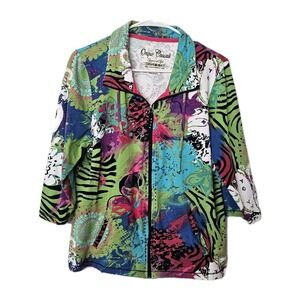 Onque Casual XL Collared Full Zip Shirt Jacket Colorful 3/4 Sleeve Stretchy Art